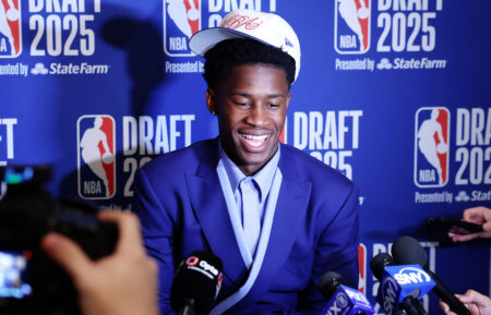 VJ Edgecombe speaks during a Media Availability session prior to the 2025 NBA Draft at Lotte New York Palace on June 24, 2025 in New York City.