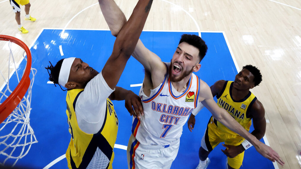 Chet Holmgren #7 of the Oklahoma City Thunder attempts a dunk against Myles Turner #33 of the Indiana Pacers during the first quarter in Game Five of the 2025 NBA Finals at Paycom Center on June 16, 2025 in Oklahoma City, Oklahoma.