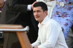 British actor Orlando Bloom and guests get on a taxi boat at the Gritti Palace Hotel ahead of the wedding of Amazon's founder Jeff Bezos with Lauren Sanchez in Venice on June 26, 2025
