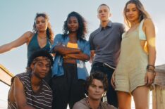 (L to R) Jonathan Daviss as Pope, Madison Bailey as Kiara, Carlacia Grant as Cleo, Chase Stokes as John B, Drew Starkey as Rafe, Madelyn Cline as Sarah Cameron in season 5 of Outer Banks.