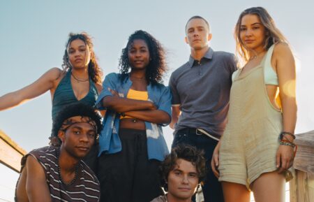 (L to R) Jonathan Daviss as Pope, Madison Bailey as Kiara, Carlacia Grant as Cleo, Chase Stokes as John B, Drew Starkey as Rafe, Madelyn Cline as Sarah Cameron in season 5 of Outer Banks.