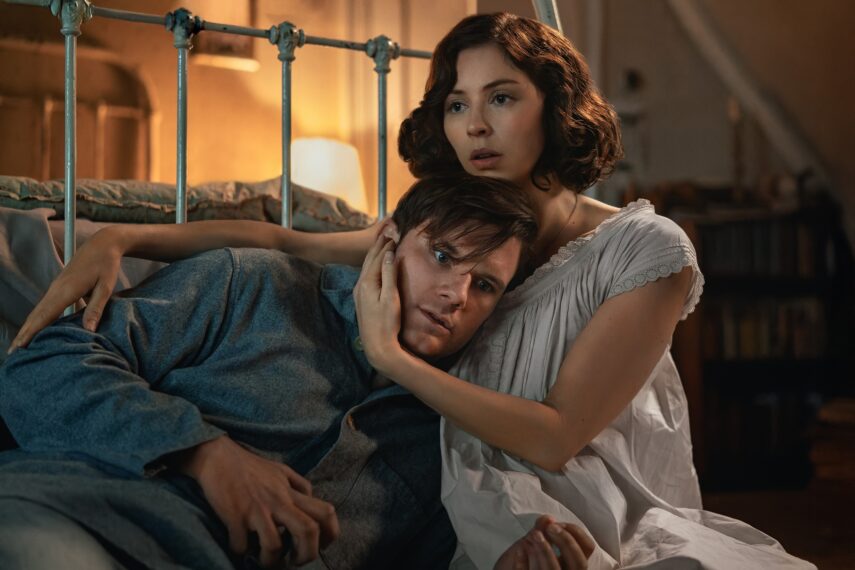 Jeremy Irvine and Hermione Corfield in 'Outlander: Blood of My Blood' Season 1