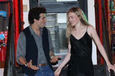 Paul Kelly and Sarah Pidgeon as JFK Jr and Carolyn Bessette are seen on the set of Ryan Murphy's 'American Love Story' in Downtown, Manhattan on June 18, 2025 in New York City.