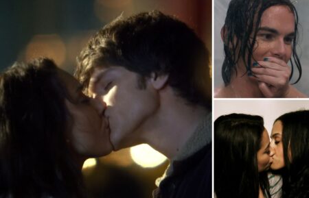 Troian Bellisario and Keegan Allen as Spencer and Toby, Tyler Blackburn as Caleb, Shay Mitchell as Emily and Bianca Lawson as Maya in 'Pretty Little Liars'