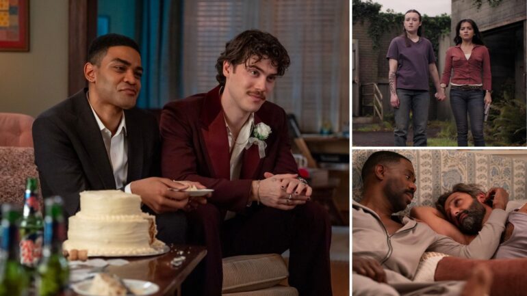 Owen Thiele as Anton, Jack Innanen as Paul Baker in 'Adults'; Bella Ramsey and Isabela Merced as Ellie and Dina in 'The Last of Us' Season 2; Colman Domingo and Marco Calvani as Danny and Claude in 'The Four Seasons'