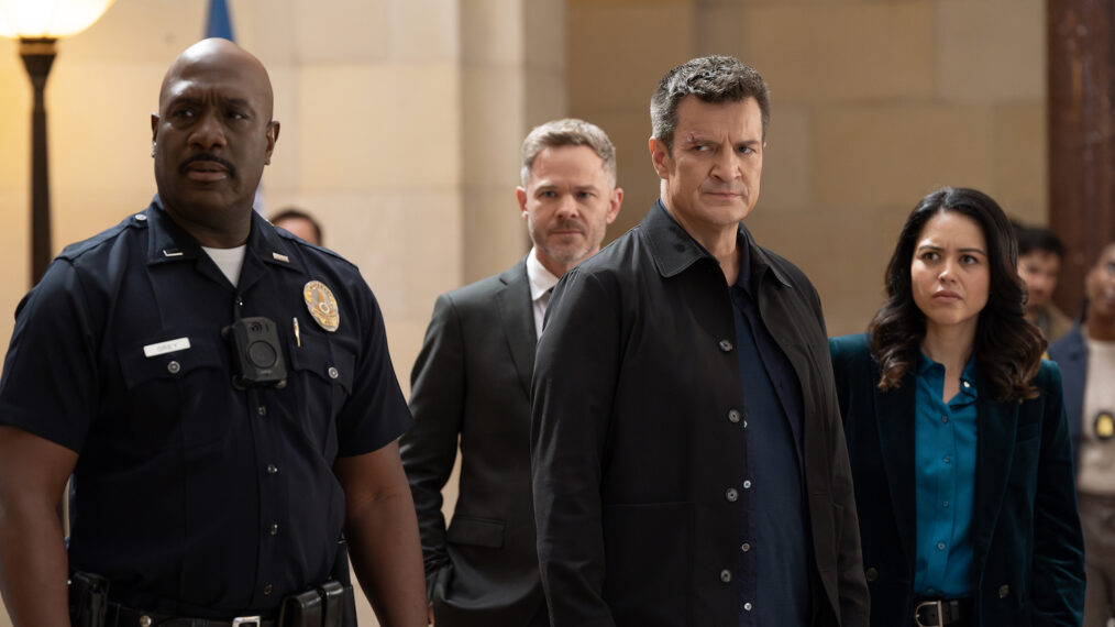 Richard T. Jones as Grey, Shawn Ashmore as Wesley, Nathan Fillion as Nolan, and Alyssa Diaz as Angela — 'The Rookie'