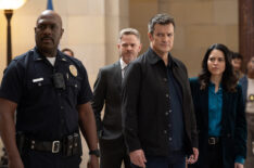 Richard T. Jones as Grey, Shawn Ashmore as Wesley, Nathan Fillion as Nolan, and Alyssa Diaz as Angela — 'The Rookie'