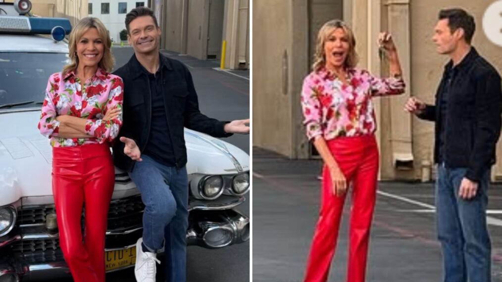 Vanna White and Ryan Seacrest on the Sony lot, posing with the Ghostbusters car
