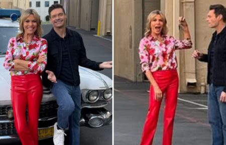 Vanna White and Ryan Seacrest on the Sony lot, posing with the Ghostbusters car