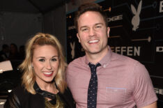 Kelsey Mayfield and actor Scott Porter arrive at The Playboy Party during Super Bowl Weekend