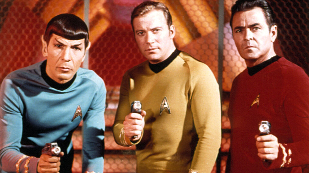 STAR TREK, Leonard Nimoy, William Shatner, James Doohan, with phasers, 1966-1969.