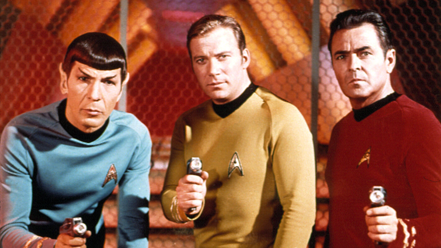 Leonard Nimoy, William Shatner, and James Doohan with phasers in Star Trek