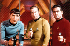 Leonard Nimoy, William Shatner, and James Doohan with phasers in Star Trek