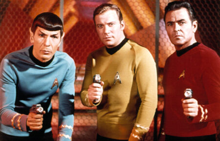 Leonard Nimoy, William Shatner, and James Doohan with phasers in Star Trek