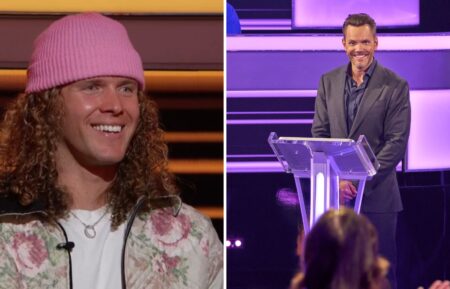 (left) Tyler Crispen of Big Brother fame on the 1% club on june 24, 2025 (right) Joel McHale hosting the show