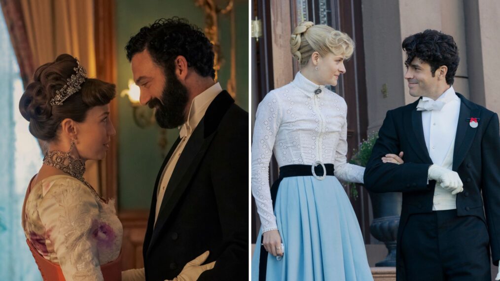 Carrie Coon and Morgan Spector as Bertha and George Russell, Louisa Jacobson and Harry Richardson as Marian and Larry in 'The Gilded Age'