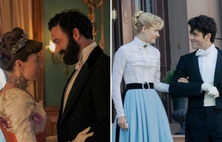 Carrie Coon and Morgan Spector as Bertha and George Russell, Louisa Jacobson and Harry Richardson as Marian and Larry in 'The Gilded Age'