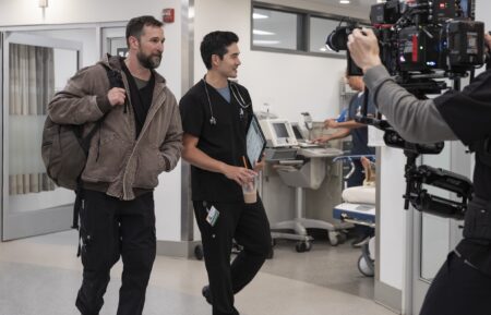 Noah Wyle as Robby and Ken Kirby as Shen behind the scenes of 'The Pitt' Season 2