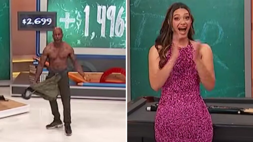 (left) The Price Is Right contestant Jason taking of fhis shirt on June 2, 2025 (right) model Alexis Gaube reacting to it