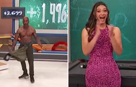 (left) The Price Is Right contestant Jason taking of fhis shirt on June 2, 2025 (right) model Alexis Gaube reacting to it