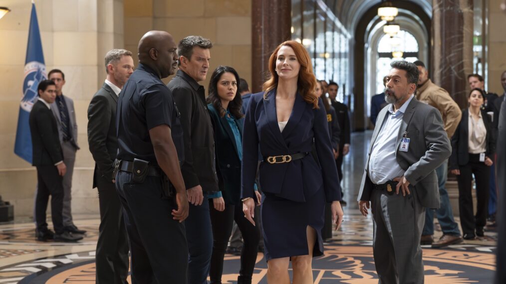 Shawn Ashmore as Wesley, Richard T. Jones as Grey, Nathan Fillion as Nolan, Alyssa Diaz as Angela, Bridget Regan as Monica, and Felix Solis as Garza — 'The Rookie' Season 7 Finale