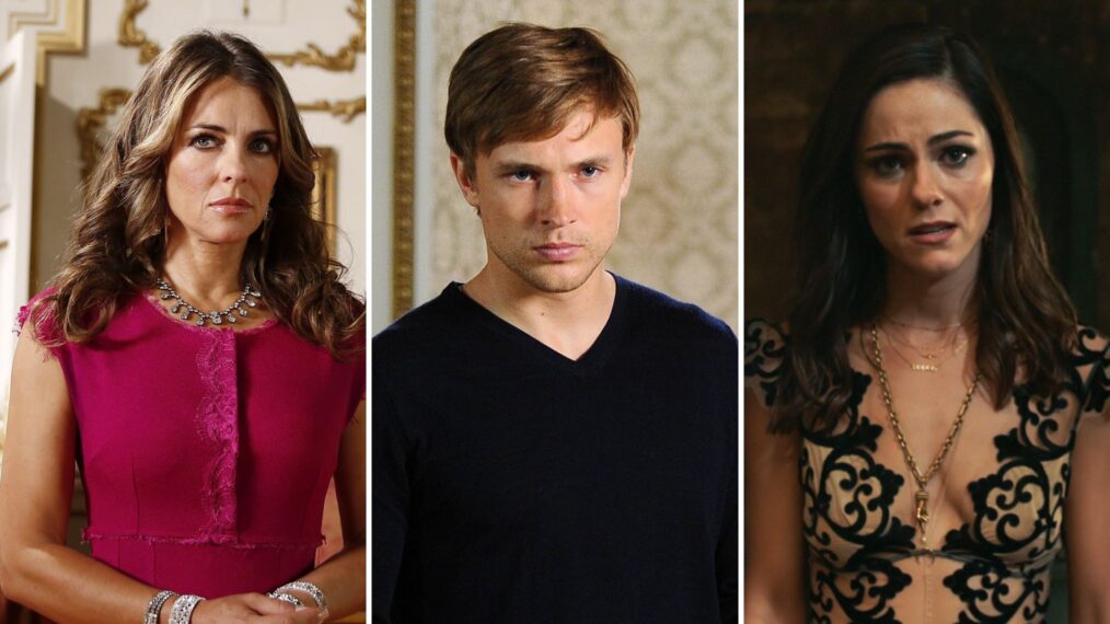 Elizabeth Hurley, William Moseley, and Alexandra Park as Helena, Liam and Eleanor in 'The Royals'