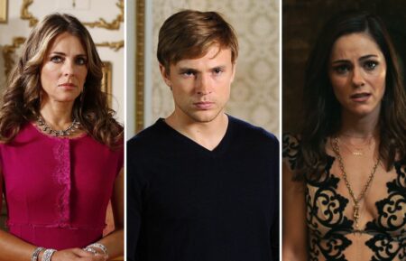 Elizabeth Hurley, William Moseley, and Alexandra Park as Helena, Liam and Eleanor in 'The Royals'