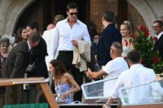 US football player Tom Brady gets on a taxi boat at the Gritti Palace Hotel ahead of the wedding of Amazon's founder Jeff Bezos with Lauren Sanchez in Venice on June 26, 2025