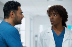 Hamza Haq as Dr. Bashir Hamed, Ayisha Issa as June Curtis in 'Transplant' Season 4 Episode 6