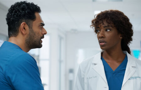 Hamza Haq as Dr. Bashir Hamed, Ayisha Issa as June Curtis in 'Transplant' Season 4 Episode 6