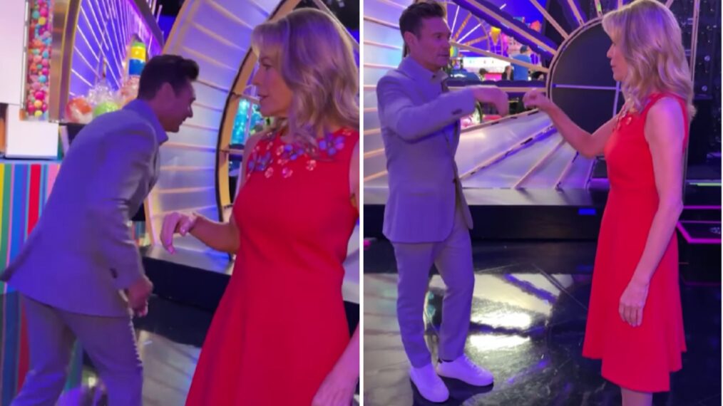 Ryan Seacrest and Vanna White doing their pre wheel of fortune handshake