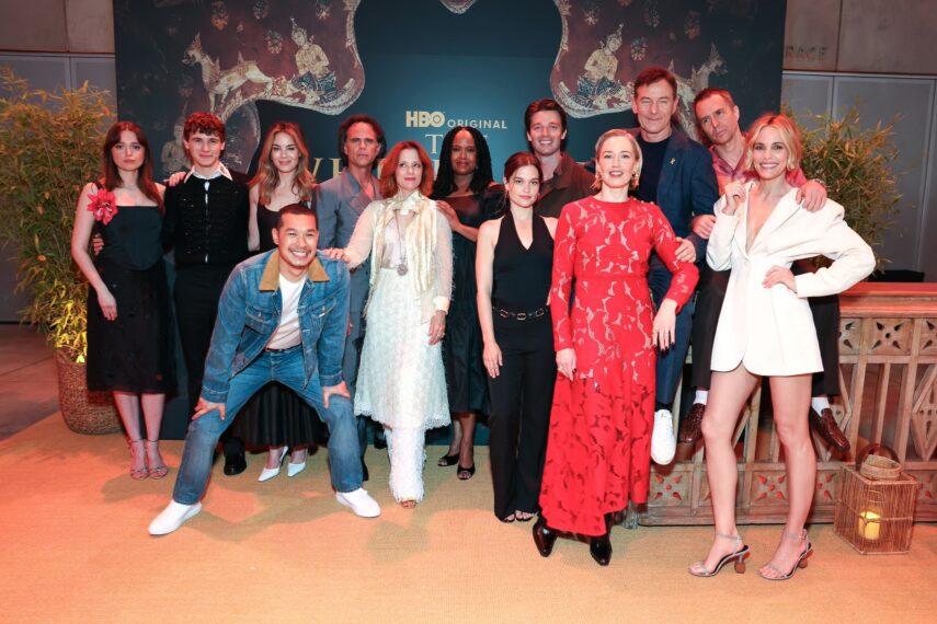 Aimee Lou Wood, Sam Nivola, Tayme Thapthimthong, Walton Goggins, Parker Posey, Natasha Rothwell, Sarah Catherine Hook, Patrick Schwarzenegger, Carrie Coon, Jason Isaacs, Sam Rockwell and Leslie Bibb attend the HBO's 'The White Lotus' FYC Screening & Panel at Academy Museum of Motion Pictures