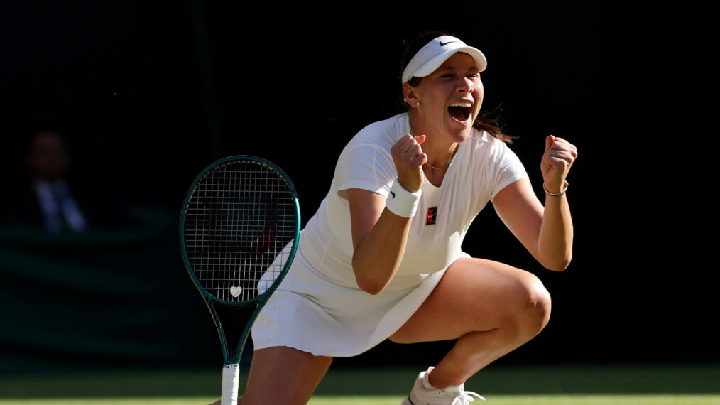 Amanda Anisimova of United States celebrates winning match point against Anastasia Pavlyuchenkova during the Ladies' Singles quarter-final match on day nine of The Championships Wimbledon 2025 at All England Lawn Tennis and Croquet Club on July 08, 2025 in London, England.