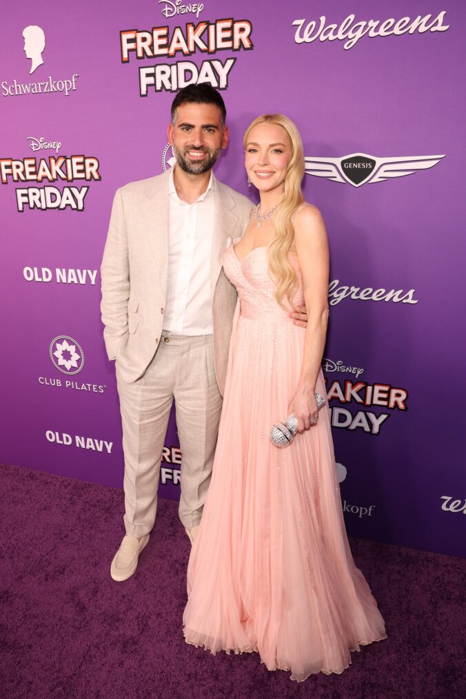 Bader Shammas and Lindsay Lohan attend the Hollywood premiere of 'Freakier Friday,' July 22, 2025.