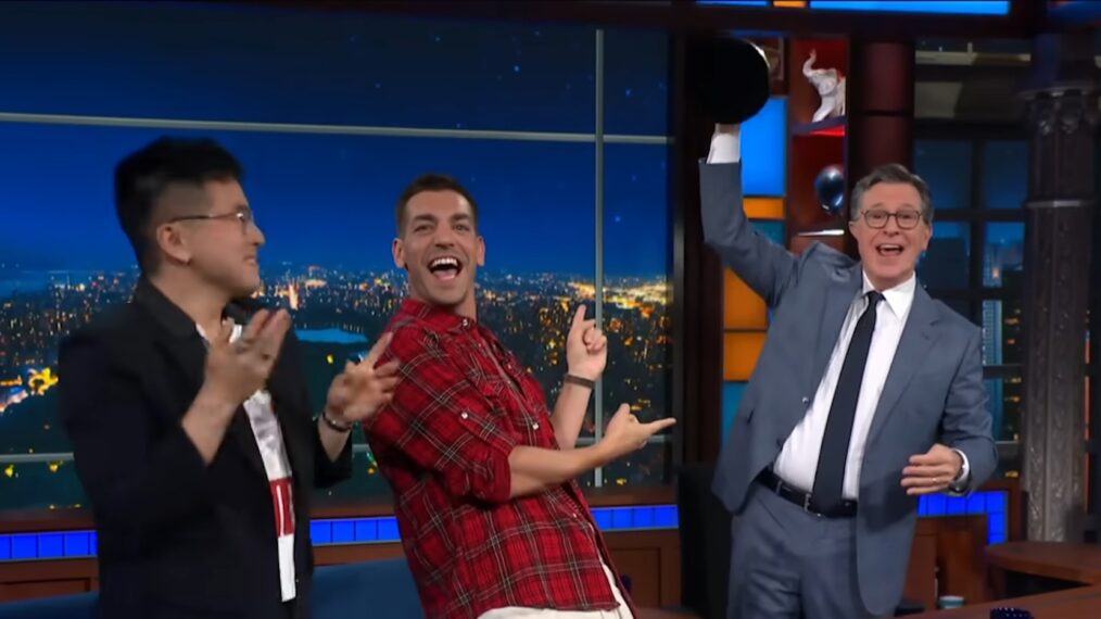 Bownen Yang, Matt Rogers, and Stephen Colbert on the July 28, 2025, episode of CBS' 'The Late Show with Stephen Colbert.'