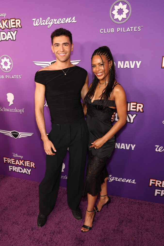 Ezra Sosa and Britt Stewart attend the Hollywood premiere of 'Freakier Friday,' July 22, 2025.