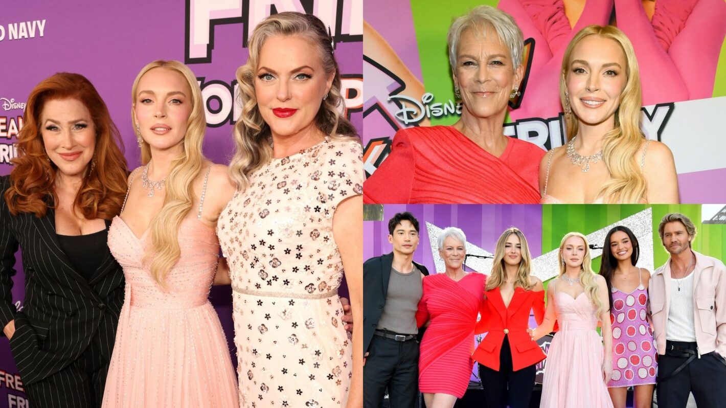 Lisa Ann Walter, Lindsay Lohan, Elaine Hendrix, Jamie Lee Curtis, Manny Jacinto, Julia Butters, Sophia Hammons, and Chad Michael Murray attend the Hollywood premiere of 'Freakier Friday.'