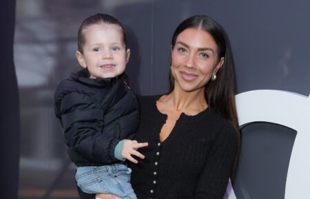 Jenna Johnson Chmerkovskiy and her son, Rome, attend Evenflo’s SensorySoothe pop-up in California, April 2025.