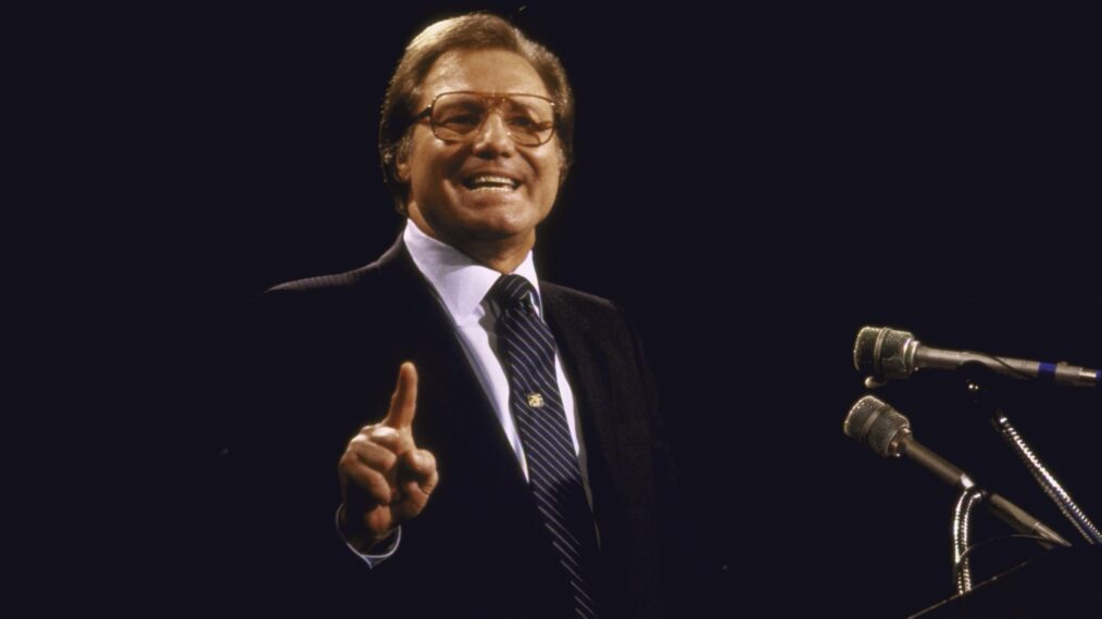 Pentacostal preacher Jimmy Swaggart speaking at convention of religions broadcasters.