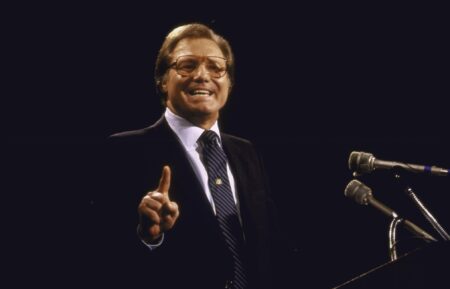 Pentacostal preacher Jimmy Swaggart speaking at convention of religions broadcasters.