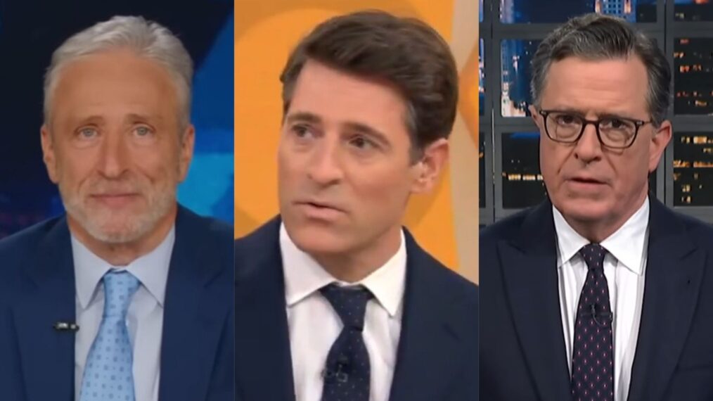 Jon Stewart, Tony Dokoupi, and Stephen Colbert, July 2025.