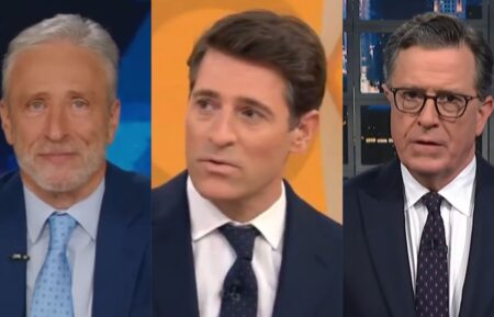 Jon Stewart, Tony Dokoupi, and Stephen Colbert, July 2025.