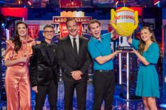 Judge Amy Corbett, Judge Jamie Berard, Host Will Arnett, and Winners Ian and Sage in the Lego Masters 'Hall of Fame Finale' episode