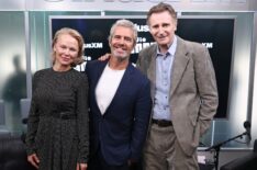 Pamela Anderson, Andy Cohen and Liam Neeson attend SiriusXM's Town Hall with the cast of 'The Naked Gun' hosted by Andy Cohen at SiriusXM Studios on July 30, 2025 in New York City.
