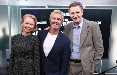 Pamela Anderson, Andy Cohen and Liam Neeson attend SiriusXM's Town Hall with the cast of 'The Naked Gun' hosted by Andy Cohen at SiriusXM Studios on July 30, 2025 in New York City.