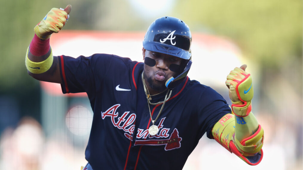 Ronald Acuña Jr. #13 of the Atlanta Braves celebrates after hitting a solo home run in the top of the first inning against the Athletics at Sutter Health Park on July 09, 2025 in Sacramento, California.