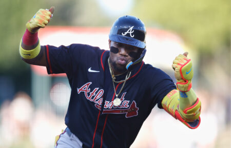 Ronald Acuña Jr. #13 of the Atlanta Braves celebrates after hitting a solo home run in the top of the first inning against the Athletics at Sutter Health Park on July 09, 2025 in Sacramento, California.