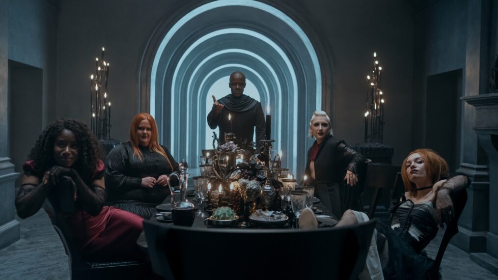 Kirby Howell-Baptiste as Death, Donna Preston as Despair, Adrian Lester as Destiny, Mason Alexander Park as Desire, Esmé Creed-Miles as Delirium in episode 211 of The Sandman
