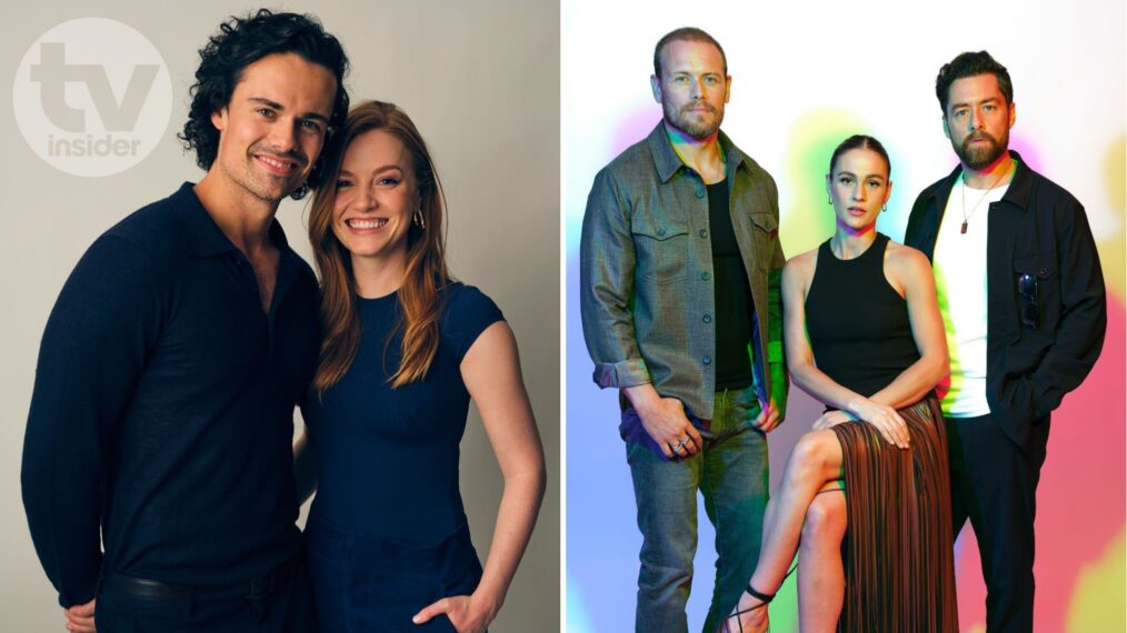 'Outlander: Blood of My Blood's Jamie Roy and Harriet Slater, and 'Outlander's Sam Heughan, Sophie Skelton, and Richard Rankin pose for potraits at TV Insider and TV Guide Magazine's SDCC 2025 studio