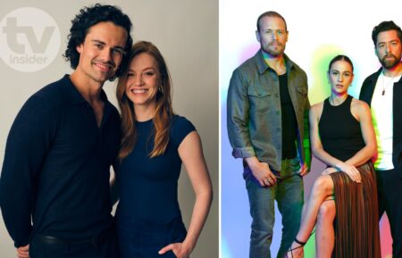 'Outlander: Blood of My Blood's Jamie Roy and Harriet Slater, and 'Outlander's Sam Heughan, Sophie Skelton, and Richard Rankin pose for potraits at TV Insider and TV Guide Magazine's SDCC 2025 studio